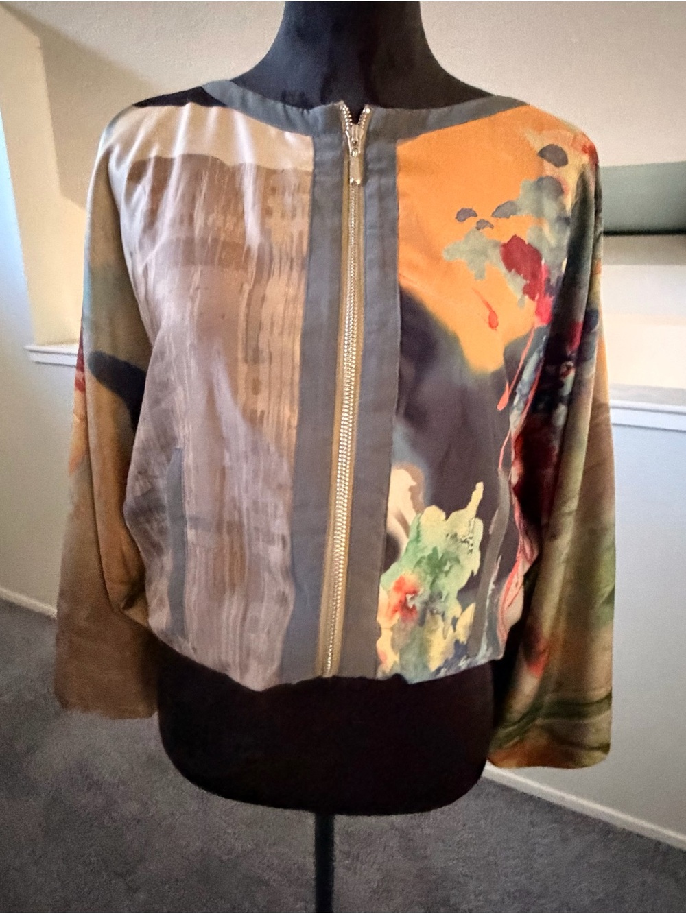 Bomber Jacket Women's Multicolor Abstract Print Zip Front